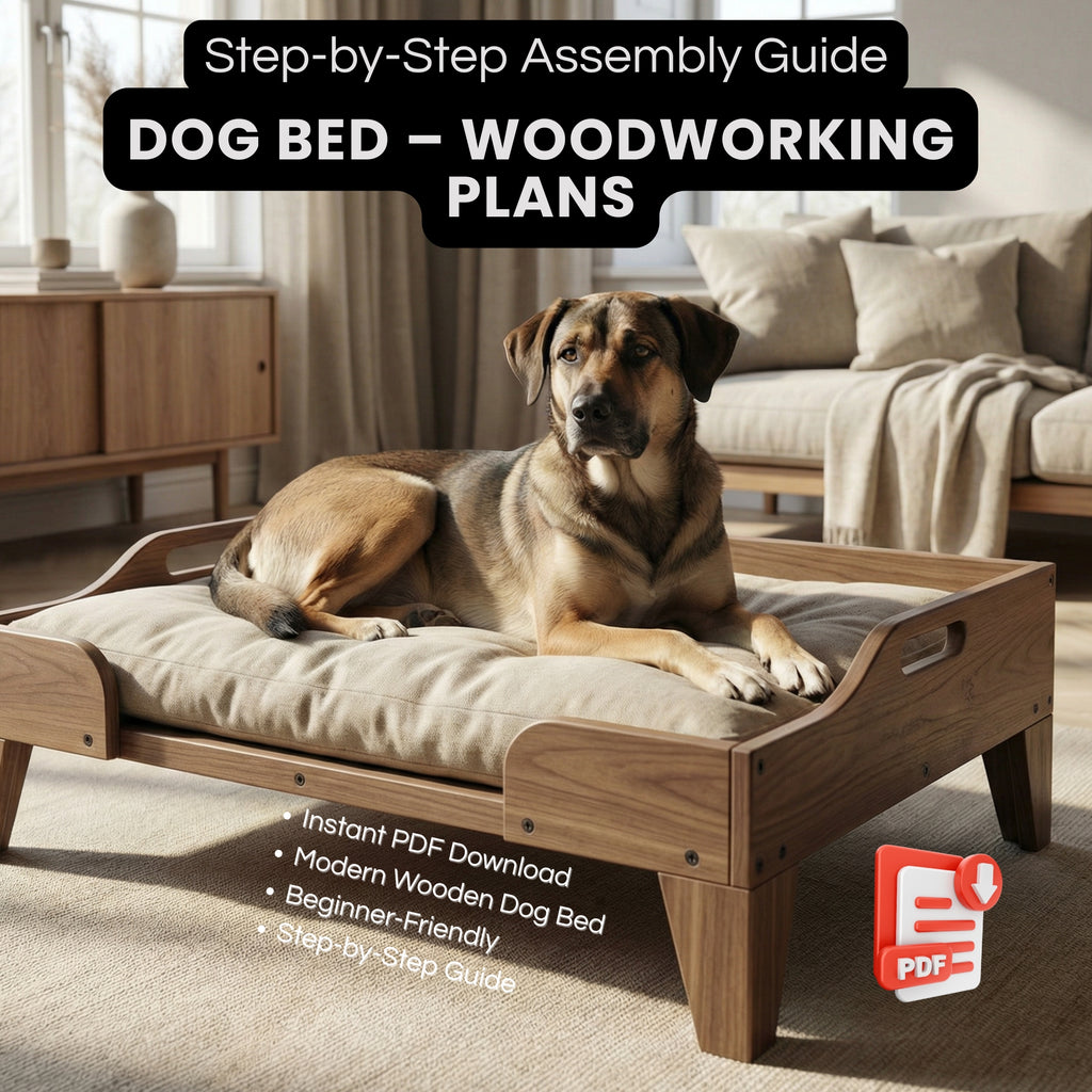 DIY Dog Bed Plans - Modern Wooden Pet Bed - Modern Elevated Pet Bed PDF - DIY wooden dog Step-by-Step Woodworking Guide with Measurements