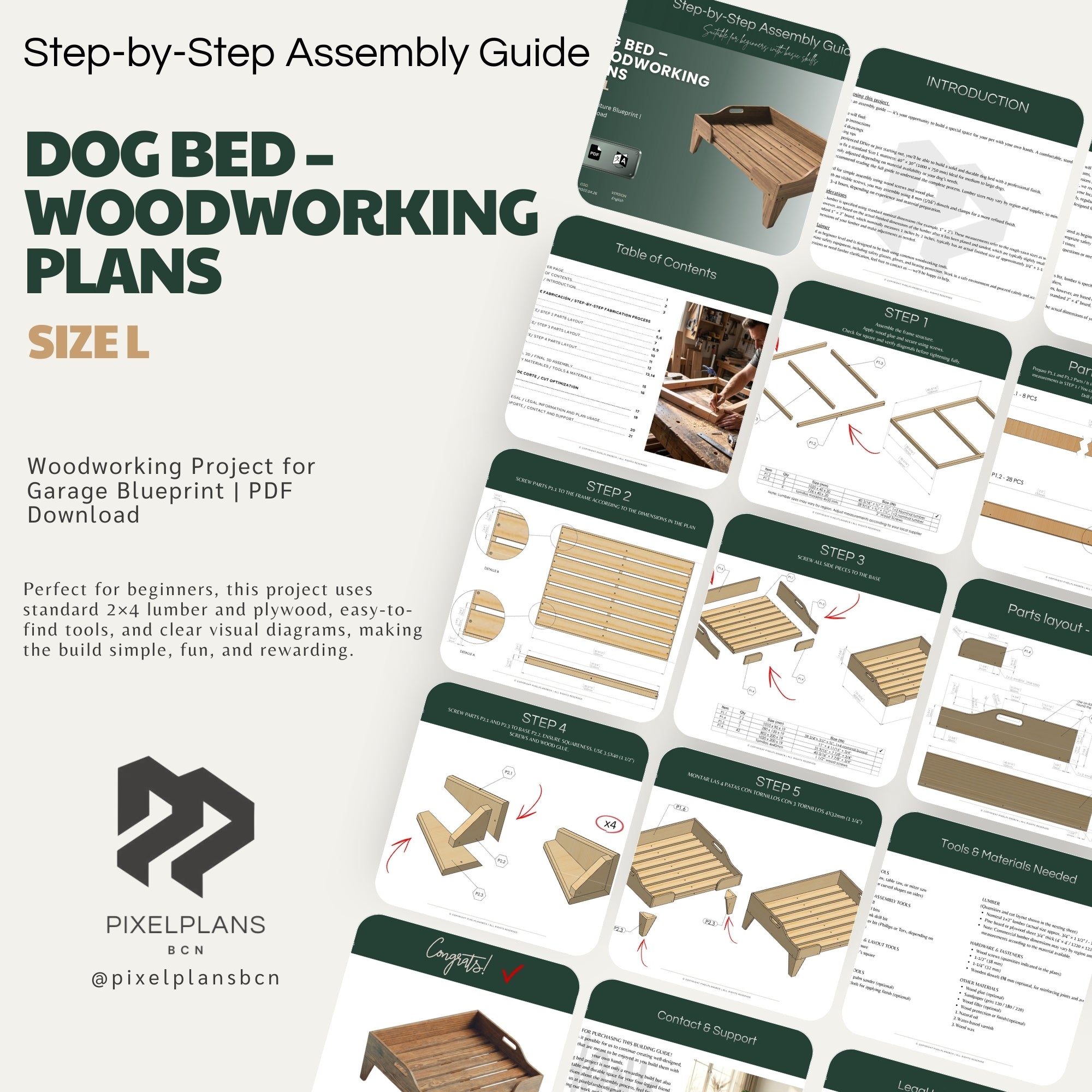 DIY Dog Bed Plans - Modern Wooden Pet Bed - Modern Elevated Pet Bed PDF - DIY wooden dog Step-by-Step Woodworking Guide with Measurements